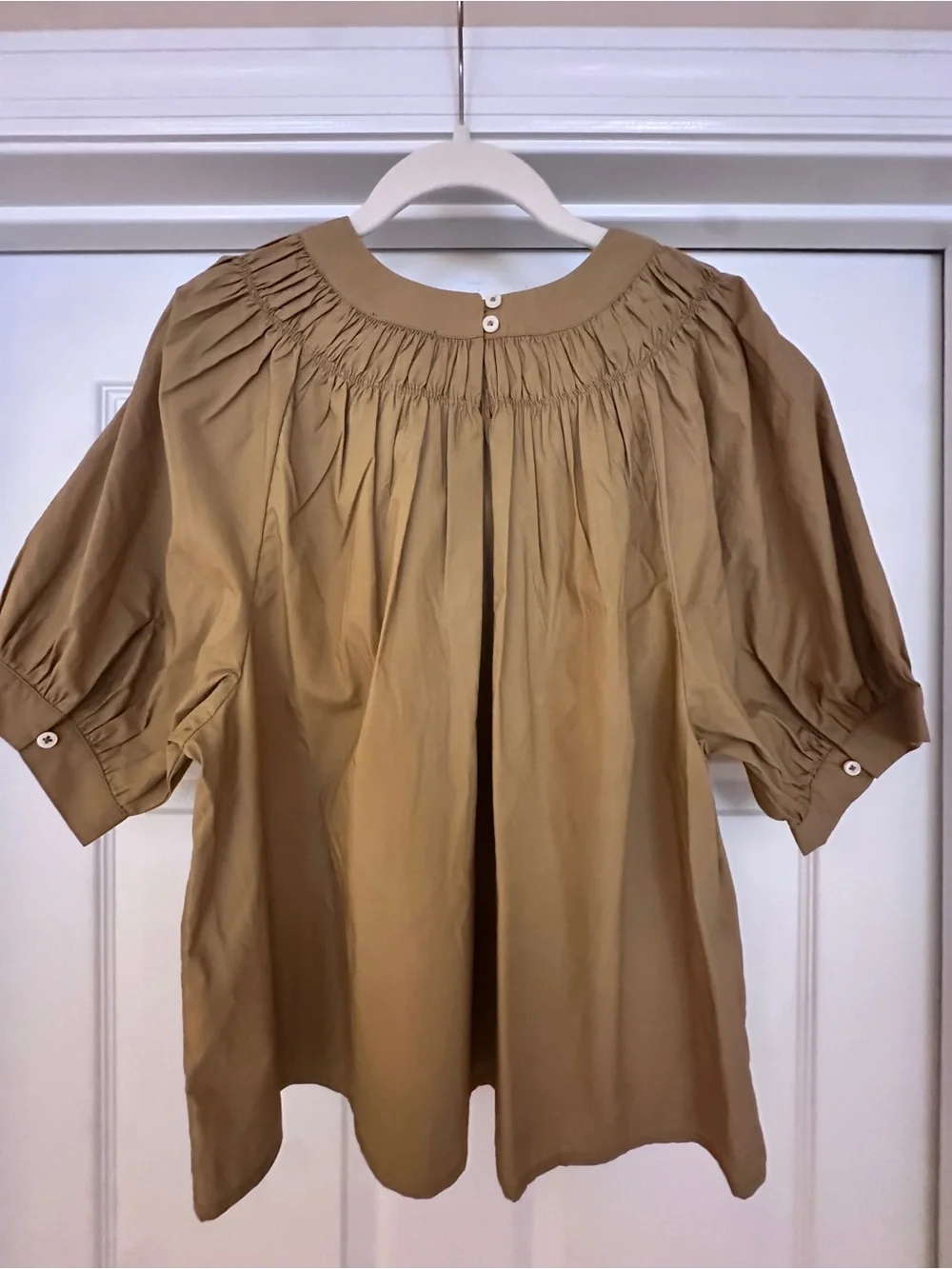 J. Crew Honey Brown Smock-Neck Puff Sleeve, cotton Poplin Top